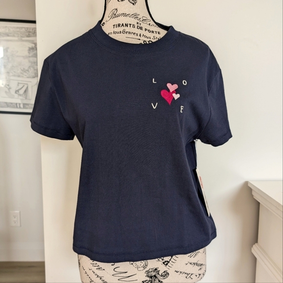 Wildfox Tops - WILDFOX | Women's Dark Navy "LOVE" Oversized Jamie Short Sleeved Shirt